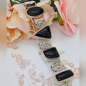 Sterling Silver & Black Onyx Bracelet with Intricate Silverwork